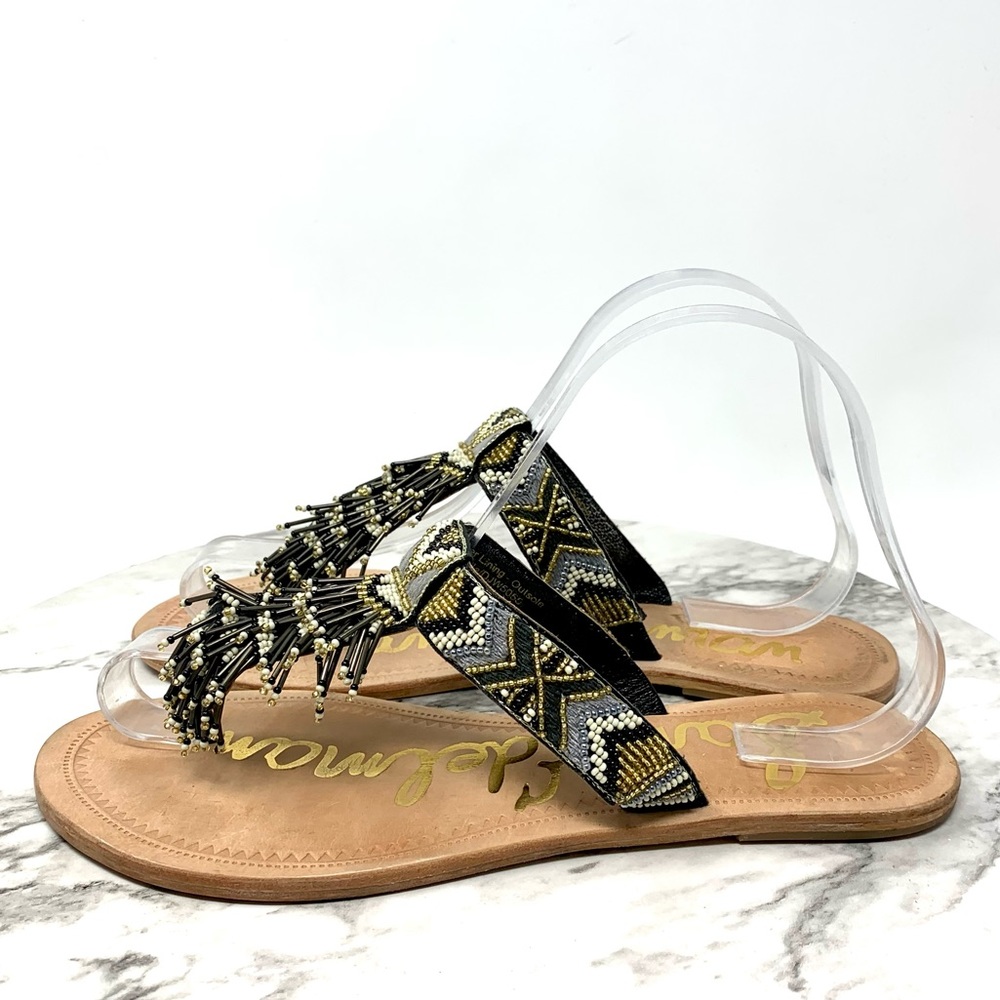 Sam Edelman Anella Beaded Fringe Flip Flops 7.5 Geometric Bohemian Western Artsy - Picture 3 of 16